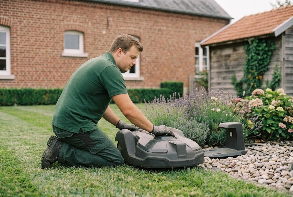 Technicien agenouillé réglant un robot de tonte dans un jardin