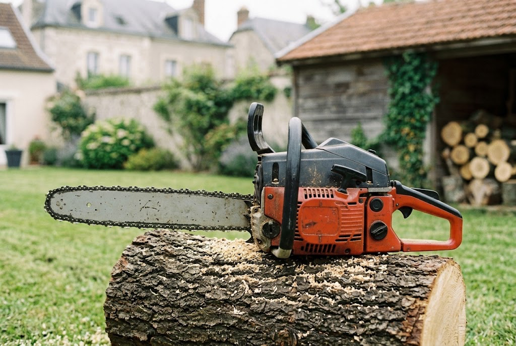 Tronçonneuse thermique posée sur une bille de bois fraîchement coupée