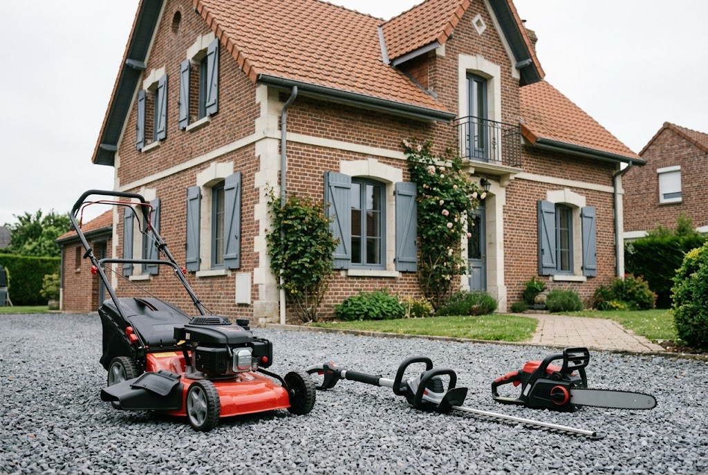 Tondeuse, coupe-bordures et tronçonneuse posés devant une maison