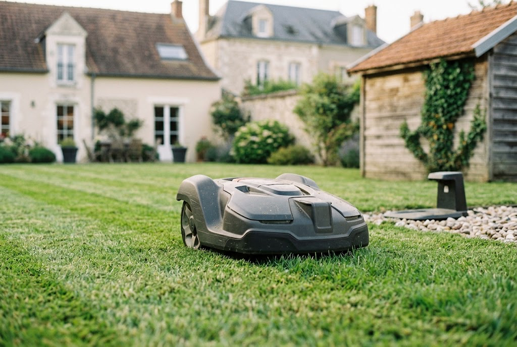 Robot de tonte en fonctionnement sur une pelouse tondue